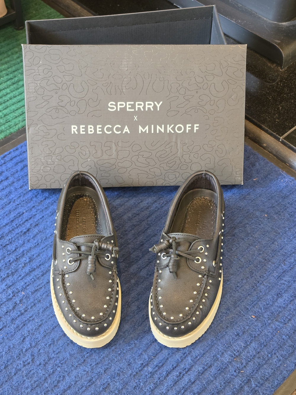 Sperry X Rebecca Minkoff Black Studded Leather Moccasins with Cream Soles